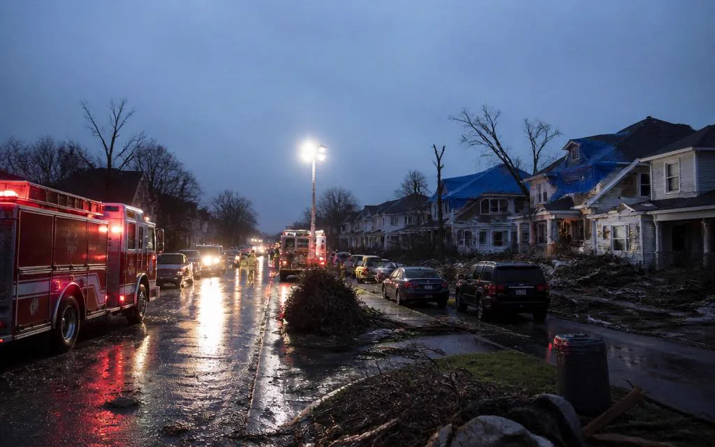 Storm damage catastrophe response scene with emergency vehicles at dusk