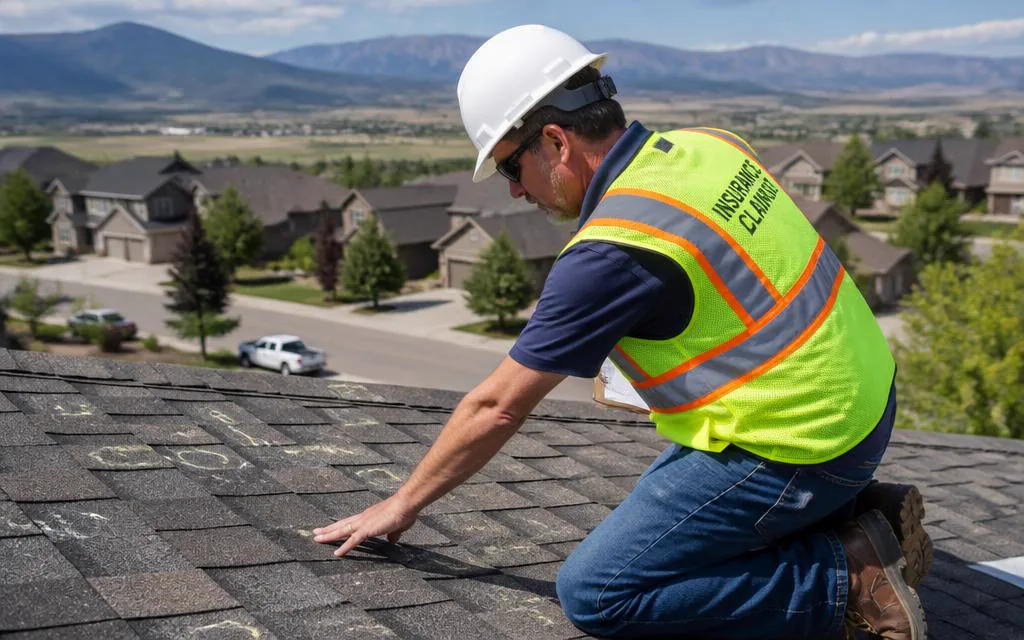Insurance adjuster inspecting hail damage on a Colorado roof with mountain backdrop